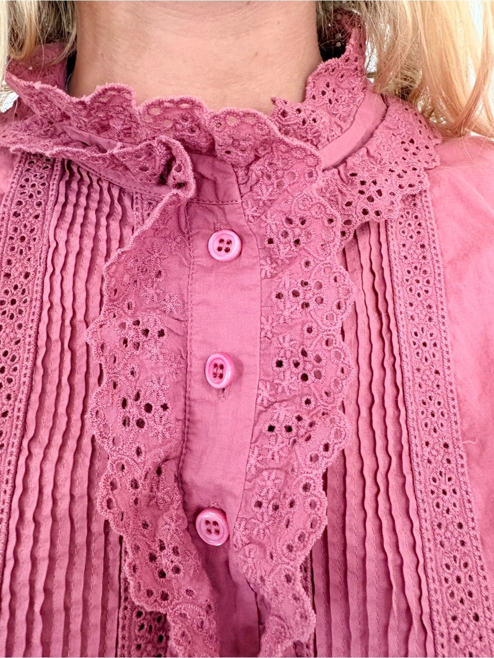 J. Crew Rose-Pink Cotton Blouse with Lace Trim